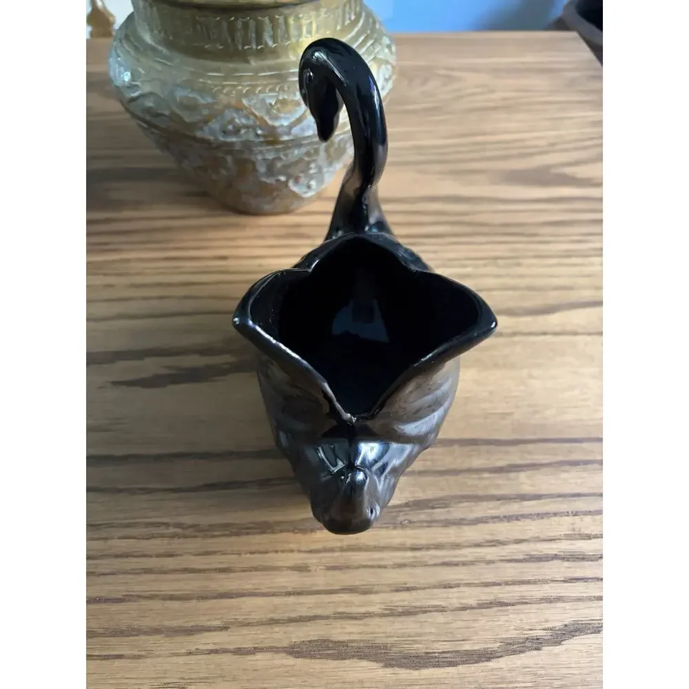 Vintage Midcentury Black Ceramic Swan Planter Black Swan Vase